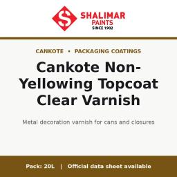 Shalimar Cankote Non-Yellowing Topcoat Clear Varnish - metal decoration varnish for cans and closures by Shalimar Paints, 20L pack